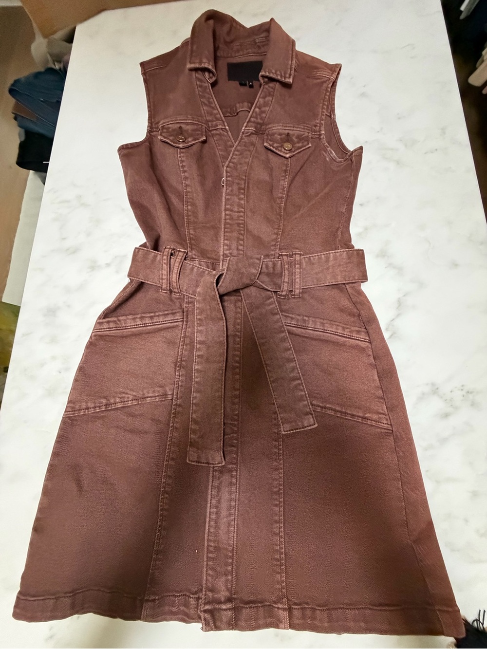 PAIGE Sleeveless Belted Utility Dress in Rust Brown